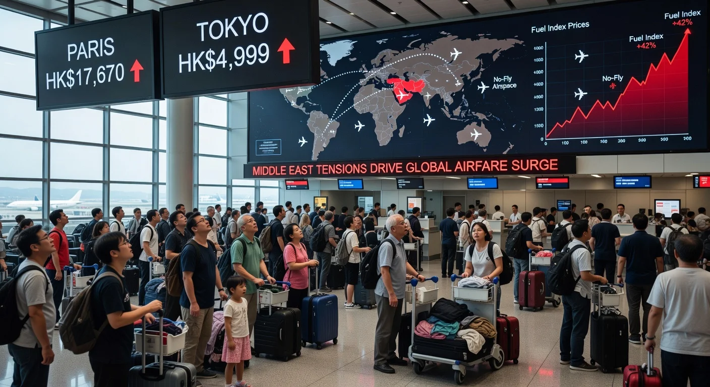 Hong Kong airport travelers facing surged airfares to Europe and Asia amid Middle East conflict rerouting flights.