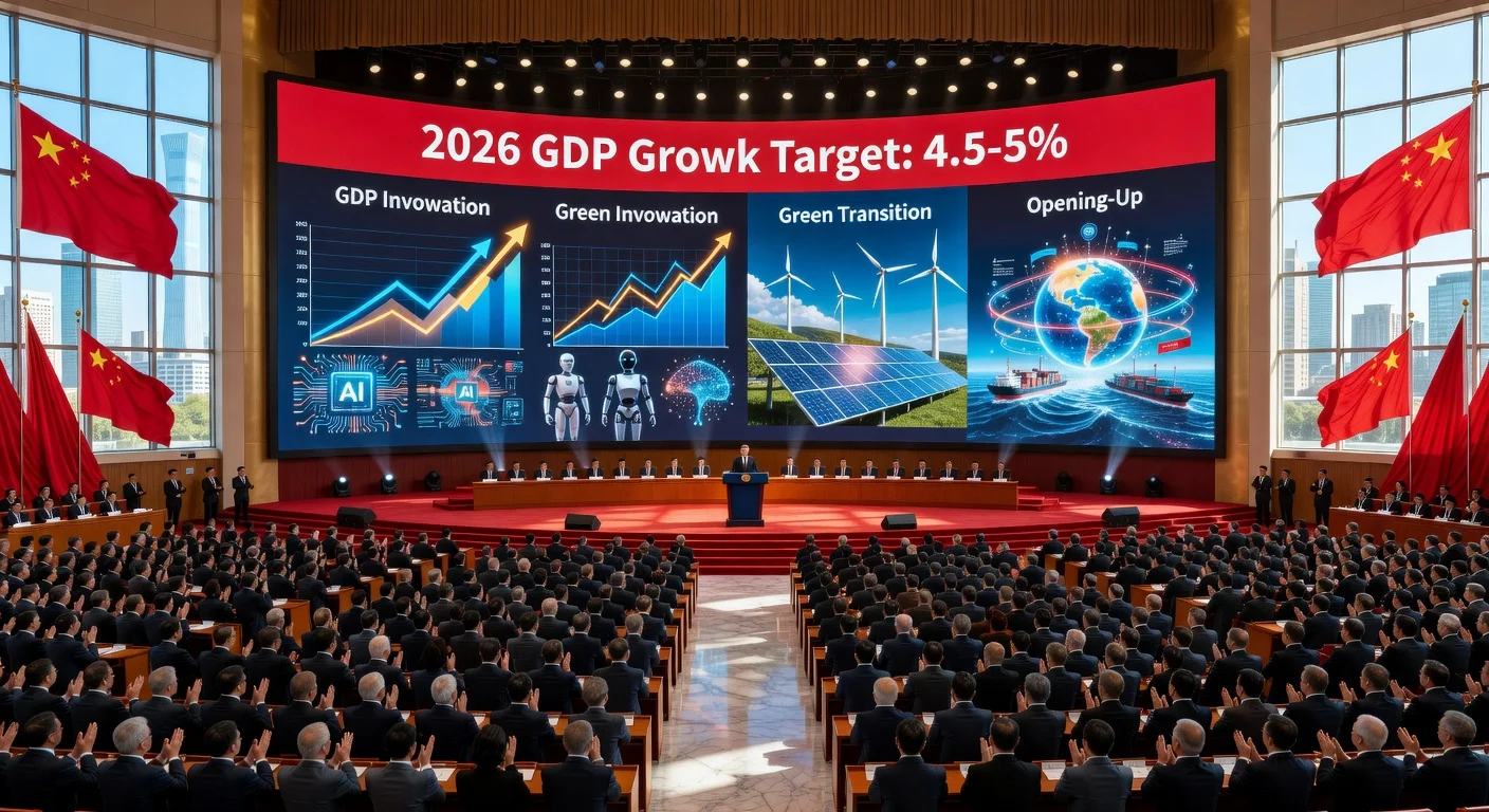Illustration of Premier Li Qiang unveiling China's 15th Five-Year Plan GDP target and priorities at the National People's Congress.