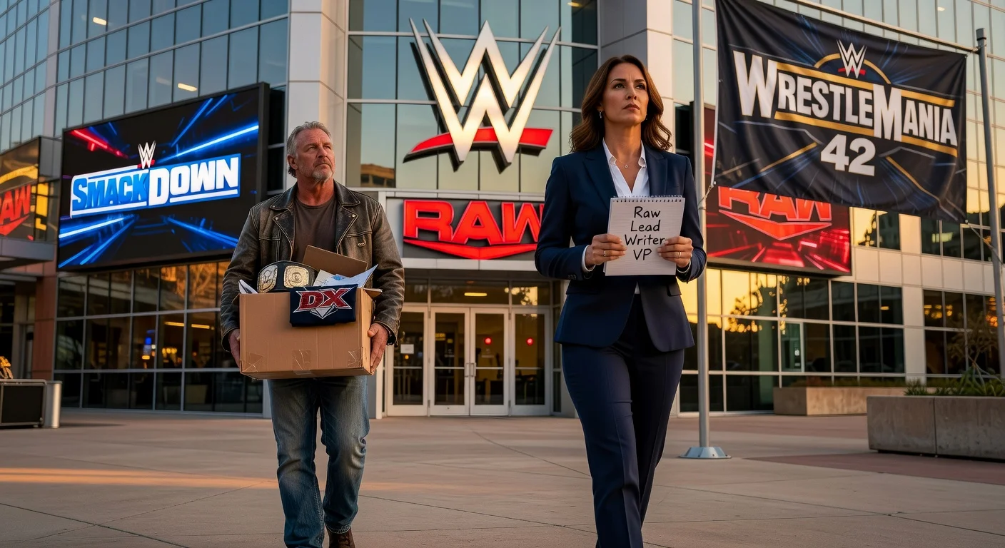 News illustration: Road Dogg exits WWE HQ with box amid creative changes; Alexandra Williams promoted to Raw lead writer.