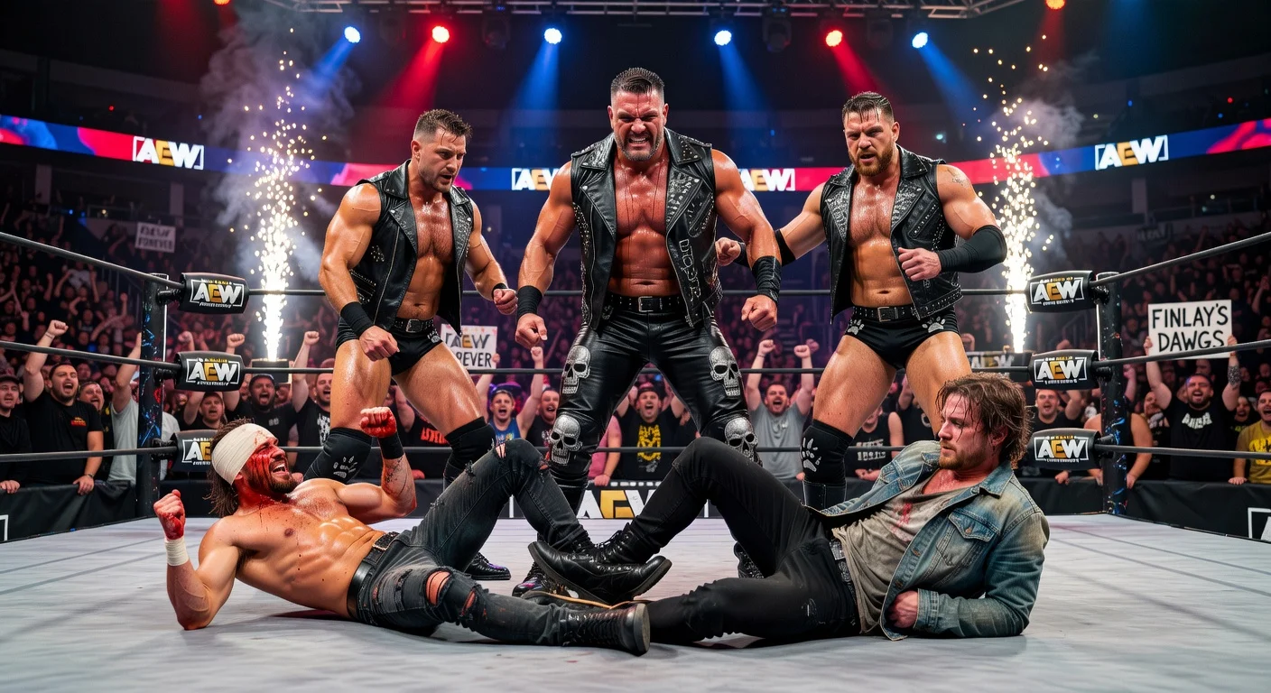 David Finlay debuts with The Dogs on AEW Dynamite, attacking Darby Allin and Orange Cassidy in intense ring action.