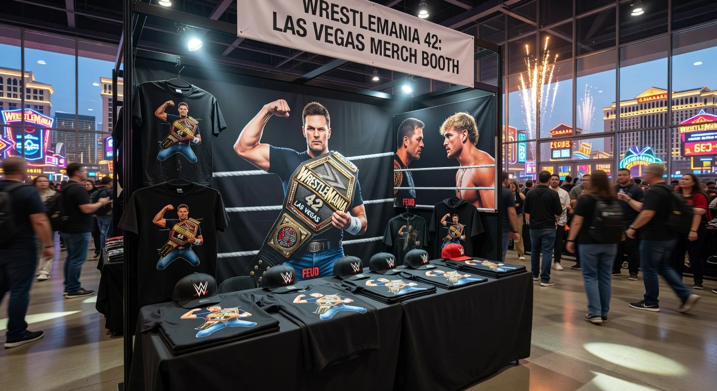 Photorealistic display of WWE merchandise featuring Tom Brady for potential WrestleMania 42 appearance in Las Vegas.