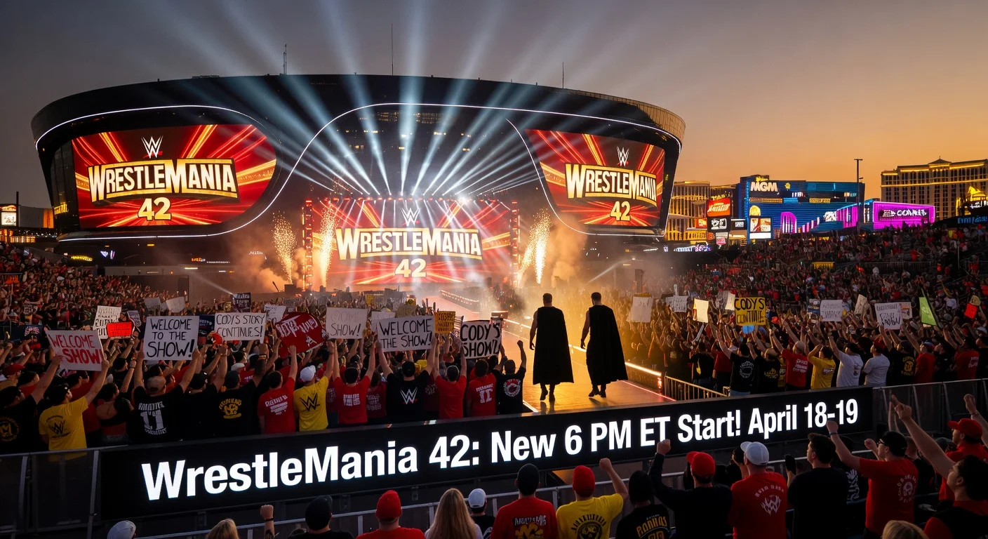 Illustration of Allegiant Stadium in Las Vegas lit up for WrestleMania 42, announcing the new 6 p.m. ET start time on April 18-19.
