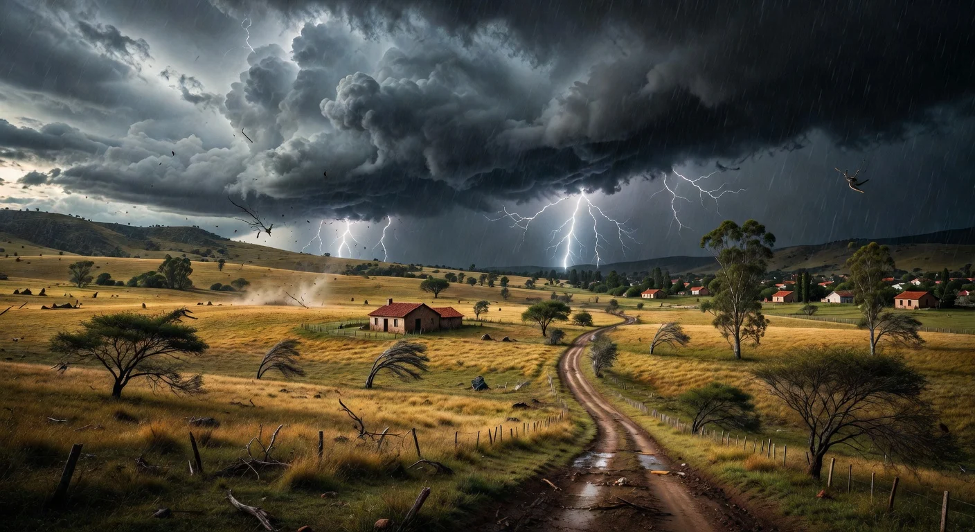 Dramatic photorealistic illustration of a severe thunderstorm approaching rural Argentina, representing storm alerts in multiple provinces.