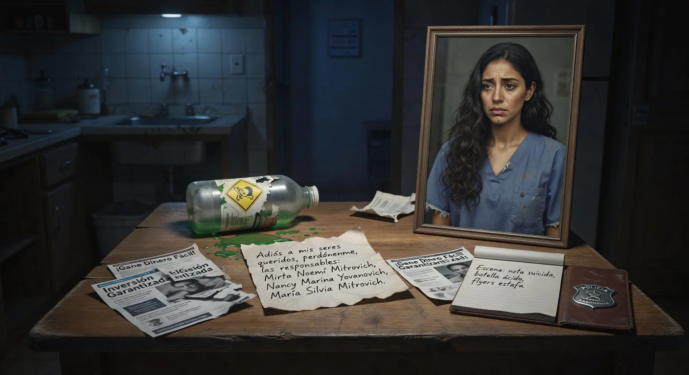 Realistic illustration of a suicide note accusing three scammers, muriatic acid bottle, and portrait of victim Merlín Díaz on a kitchen table in her home.