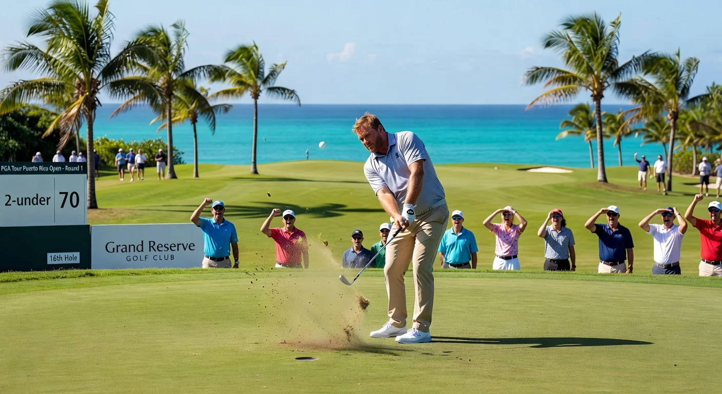 John Daly II celebrates chip-in birdie on 16th hole in PGA Tour debut at Puerto Rico Open.