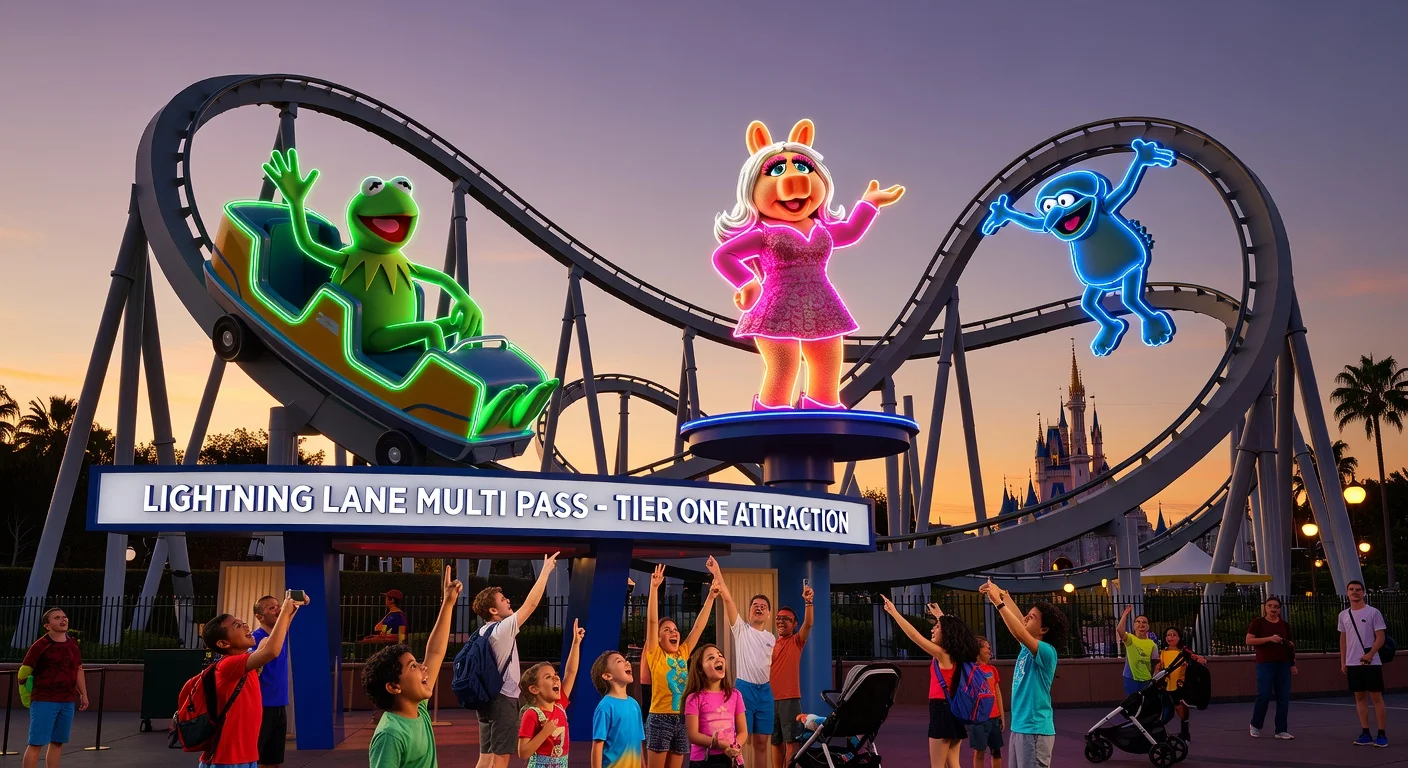 Photorealistic illustration of Disney's new Muppets-themed Rock ‘n’ Roller Coaster as a tier one Lightning Lane attraction at Hollywood Studios.