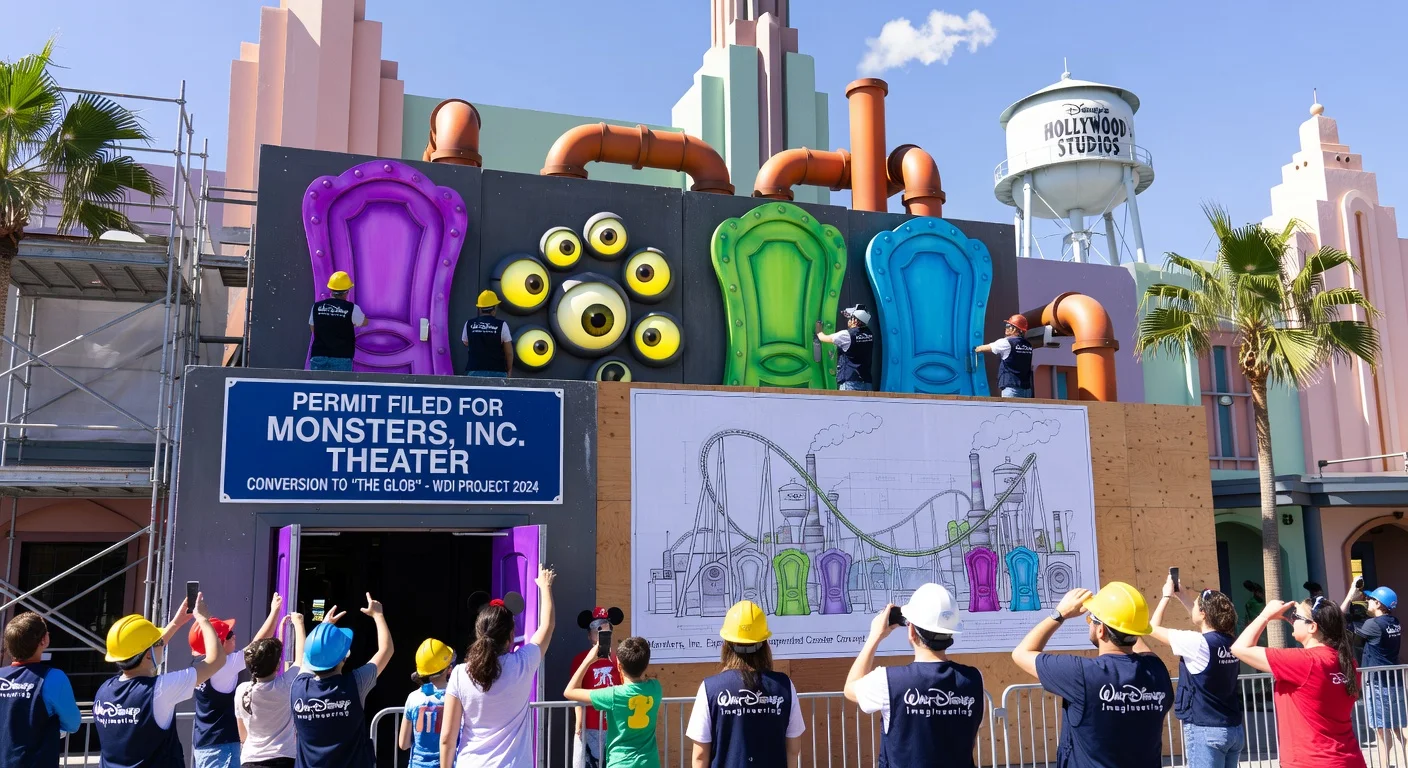Construction at Disney's Hollywood Studios transforms MuppetVision theater into Monsters, Inc.'s 'The Glob' with permit signs and themed set pieces.