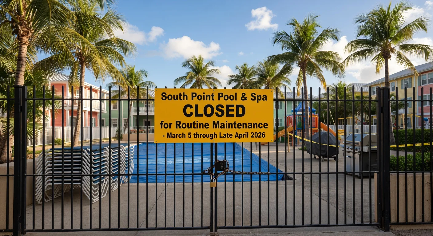 Closed South Point Pool at Disney’s Old Key West Resort, showing maintenance signs, gated entrance, and tropical resort surroundings.