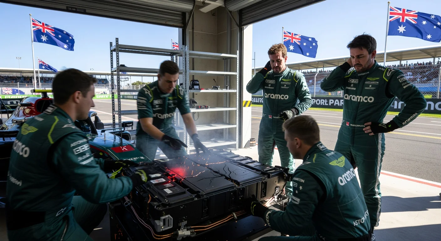 Aston Martin F1 team in crisis at Australian GP: mechanics examine vibrating Honda battery amid shortages, drivers Alonso and Stroll appear concerned.
