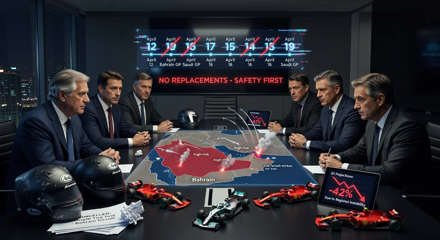 F1 executives in crisis meeting over Middle East conflict threatening Bahrain and Saudi Grands Prix, prioritizing safety amid red-highlighted risk map.