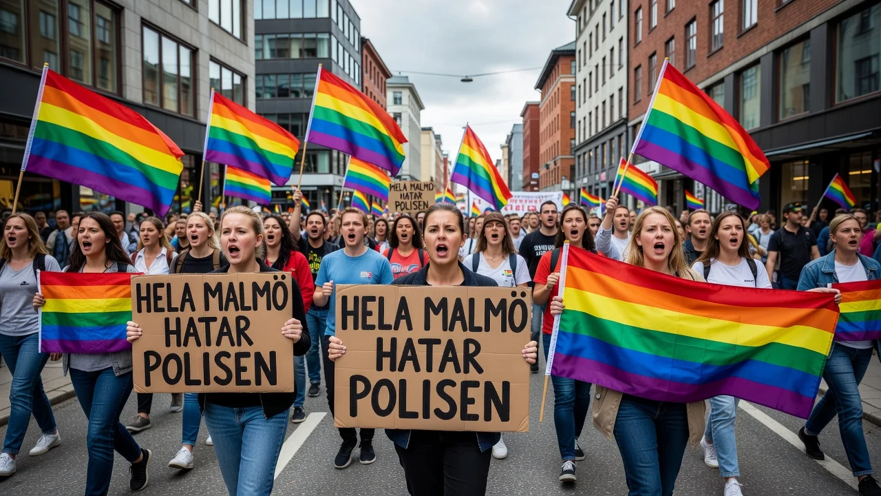 A scene from the Malmö pride parade showing participants chanting against the police.