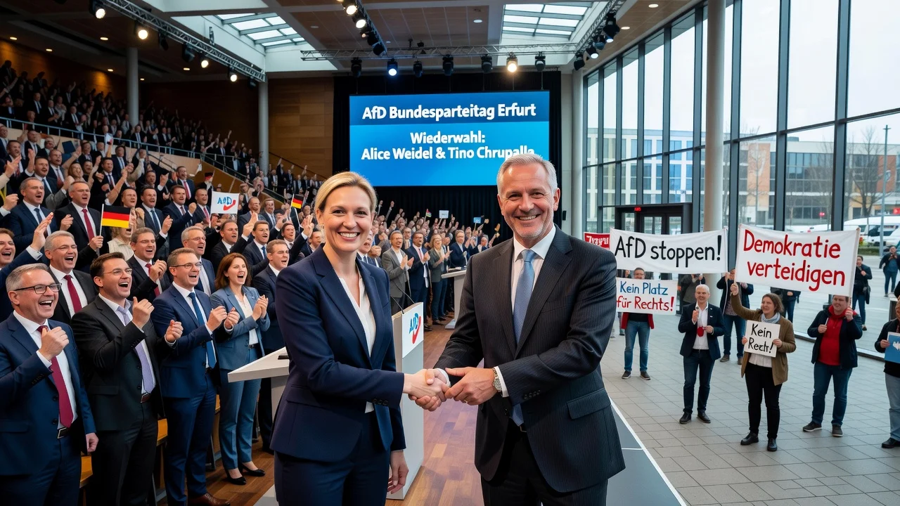 Alice Weidel and Tino Chrupalla re-elected at AfD conference in Erfurt with peaceful protests outside.