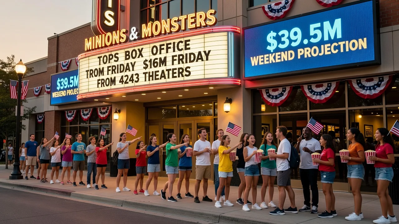 Illustration of Minions & Monsters topping the box office with crowds at a movie theater.