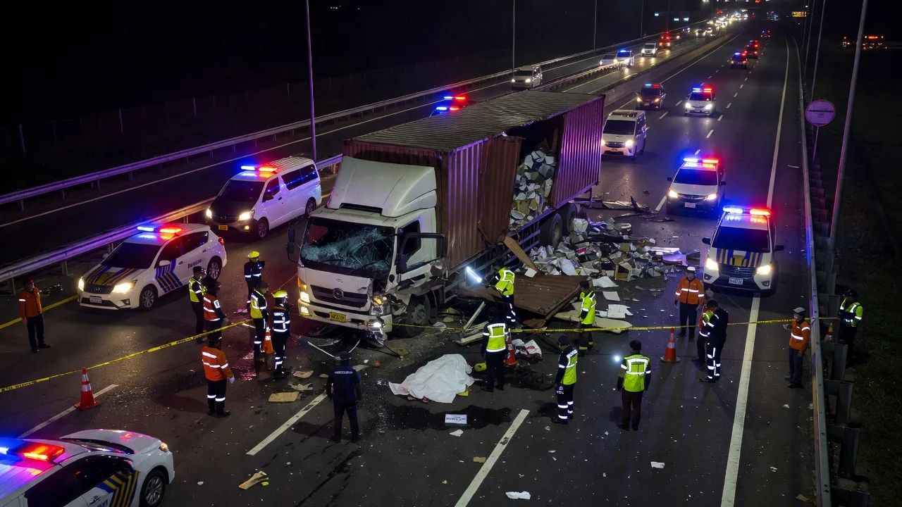 Accident scene on Tol JORR involving a wing box truck and police investigation after fatal crash.