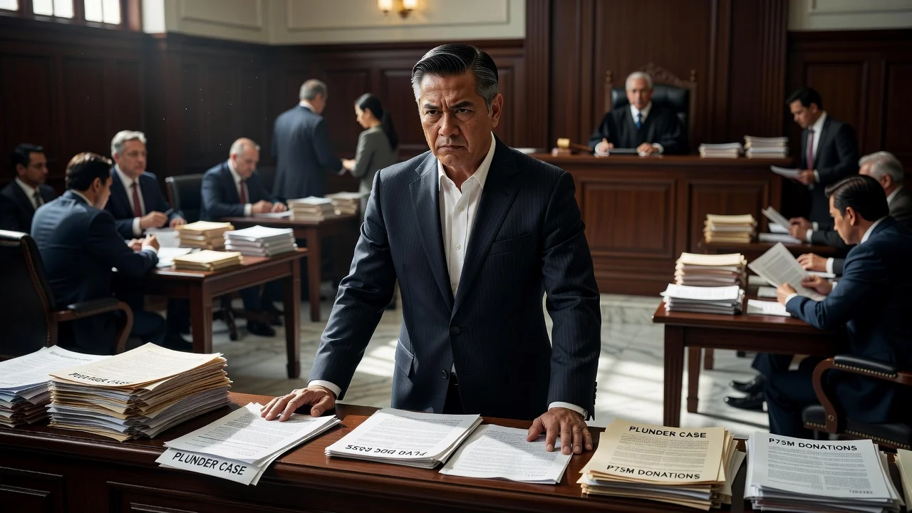 Photorealistic courtroom scene of Senator Marcoleta facing plunder charges over undeclared donations.