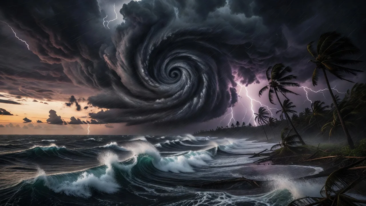Dramatic realistic image of Super Typhoon Bavi approaching the Philippines with dark clouds, strong winds, and heavy rain over the ocean and coast.