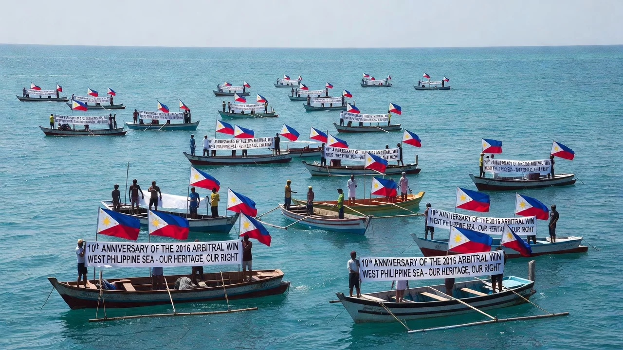 Zambales fisherfolk on boats staging symbolic sea action for 10th anniversary of West Philippine Sea arbitral victory