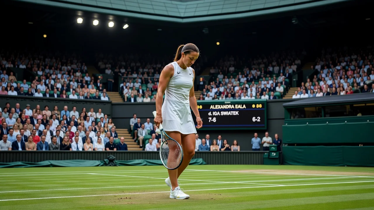 Iga Swiatek appearing disappointed on the Wimbledon court after her loss to Alexandra Eala.