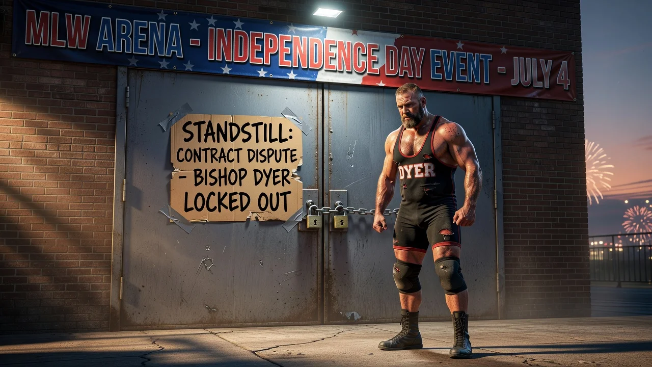 A realistic depiction of Bishop Dyer being locked out of Major League Wrestling amid a contract dispute.