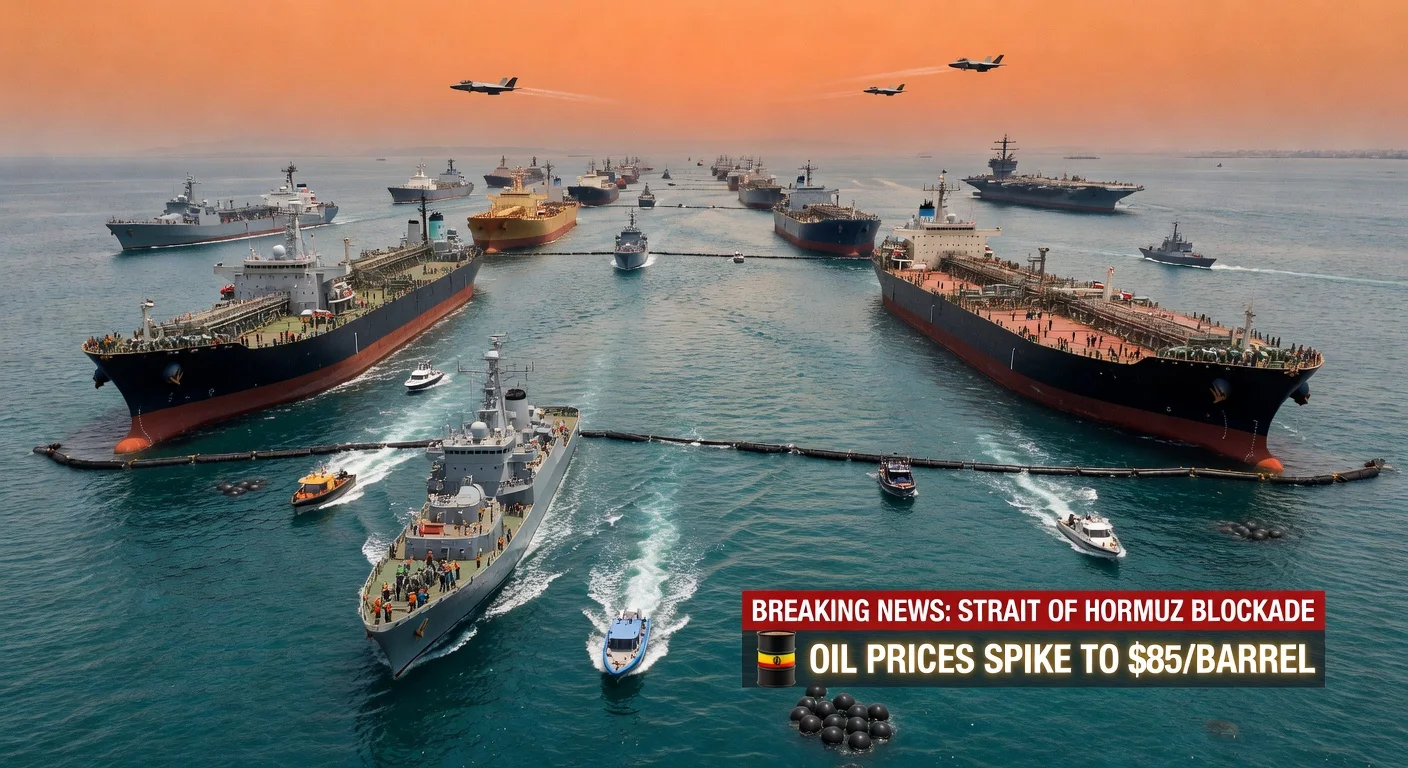 Dramatic aerial view of Iranian naval blockade in the Strait of Hormuz, halting oil tankers amid US-Israel tensions, with surging global oil prices.