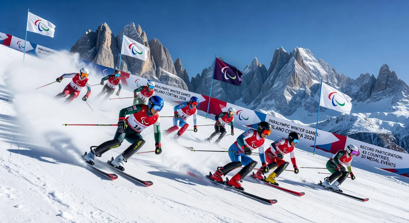 Paralympic skiers racing down Olympia delle Tofane slopes in Cortina d'Ampezzo for Milano Cortina 2026, capturing global athletes on challenging terrain.