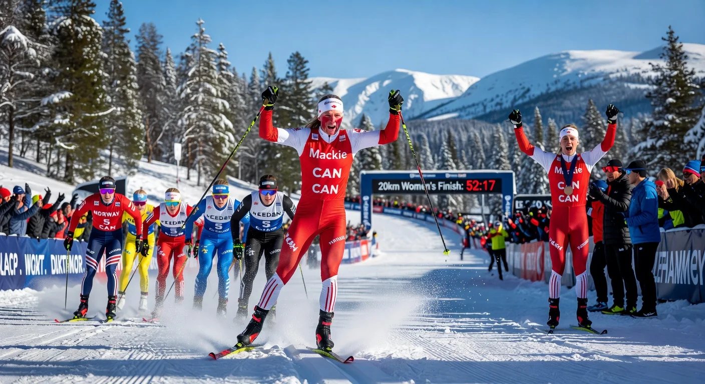 Canadian skier Alison Mackie celebrates gold medal win at U23 World Ski Championships in Lillehammer, Norway, with teammate Xavier McKeever's bronze nearby.