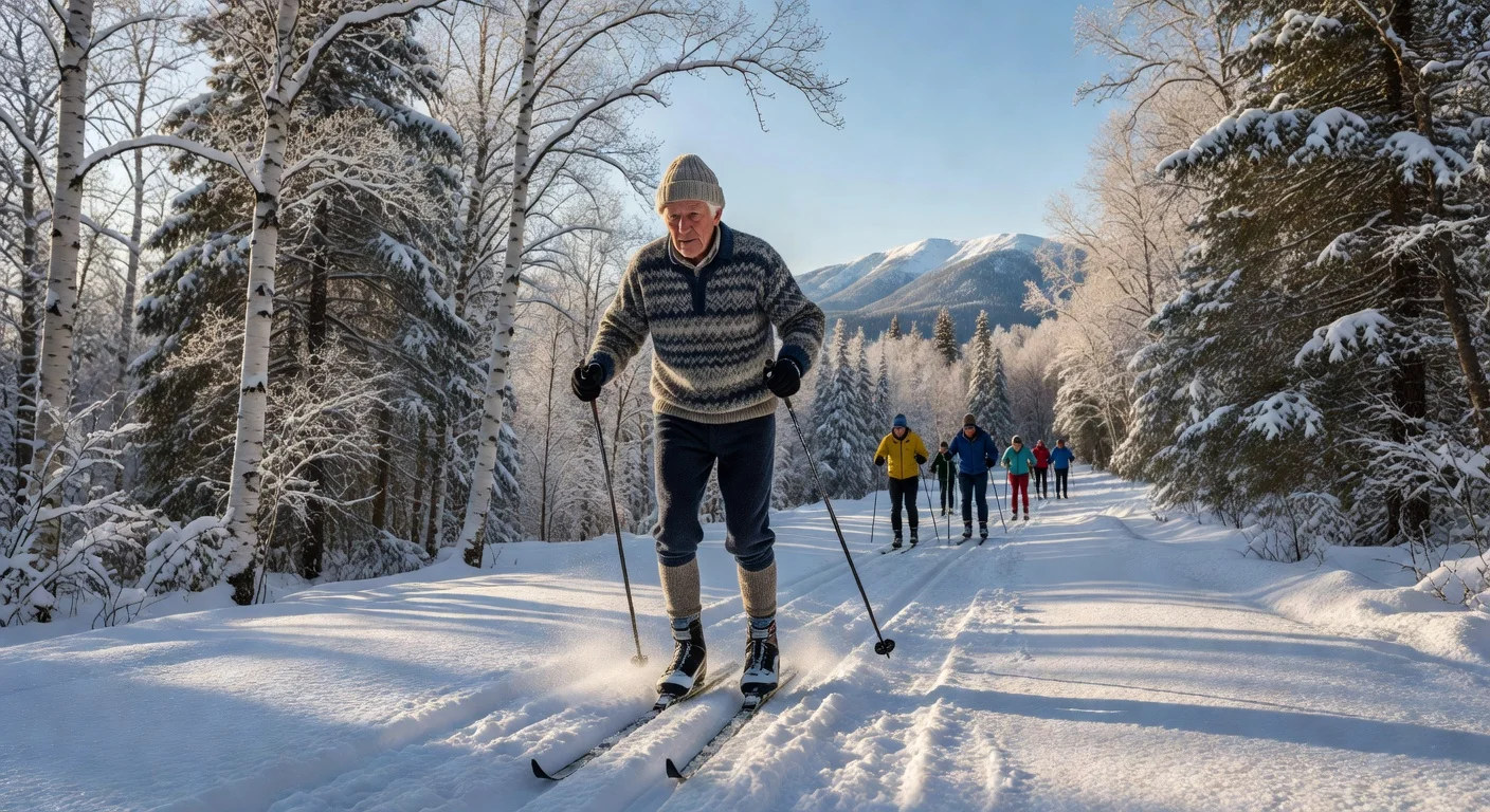 Photorealistic illustration of John Caldwell cross-country skiing in snowy New England woods, honoring his legacy as the father of U.S. Nordic skiing.