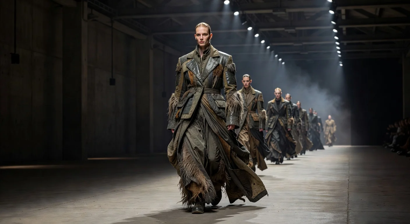 Realistic runway photo from Rick Owens' Fall 2026 collection at Paris Fashion Week, featuring battle-ready designs in earthy tones inspired by Marlene Dietrich.