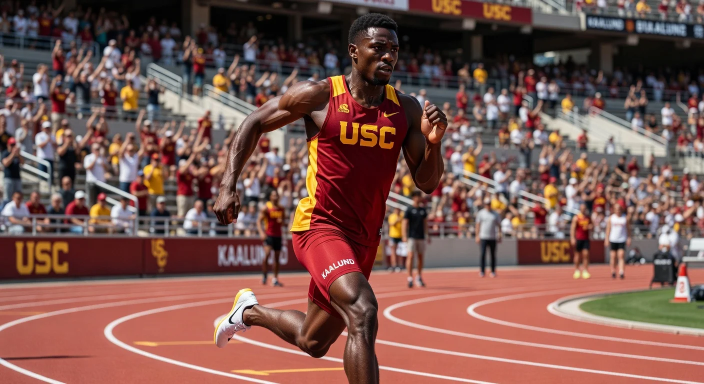 Dynamic photo illustration of USC athlete Garrett Kaalund sprinting on the track, celebrating his 2026 Bowerman Watch List recognition.