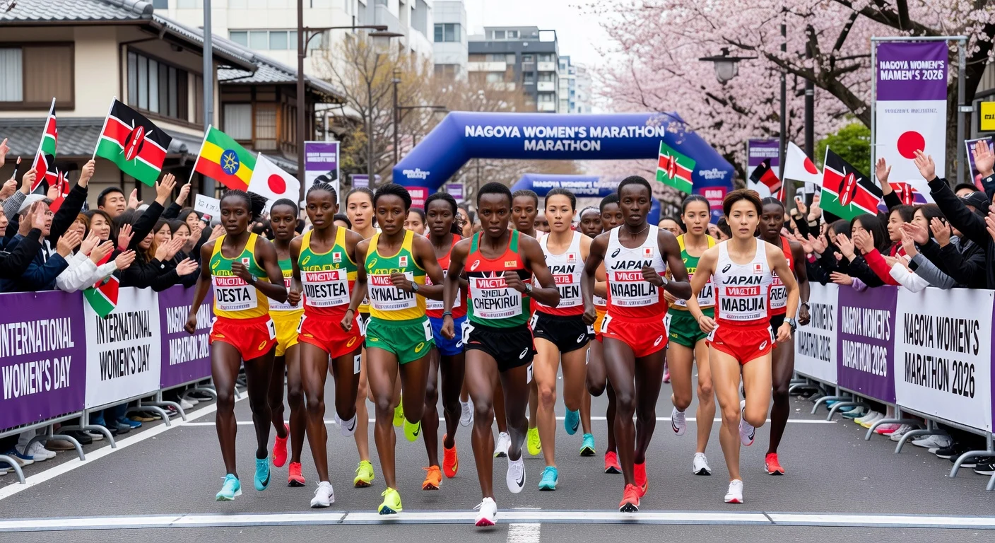 Elite women runners, led by Kenya's Sheila Chepkirui, at the starting line of the Nagoya Women's Marathon on International Women's Day.