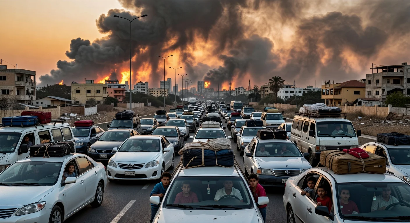 Residents evacuate Beirut's southern suburbs in heavy traffic jams amid smoke from Israeli airstrikes.