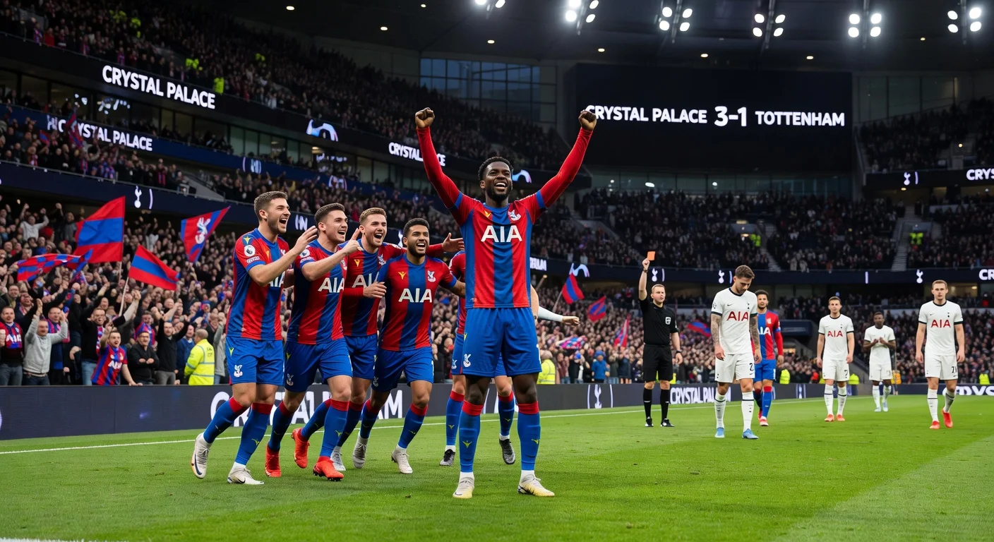 Crystal Palace's Ismaila Sarr and teammates celebrate 3-1 Premier League victory over Tottenham after red card, at Tottenham Hotspur Stadium.