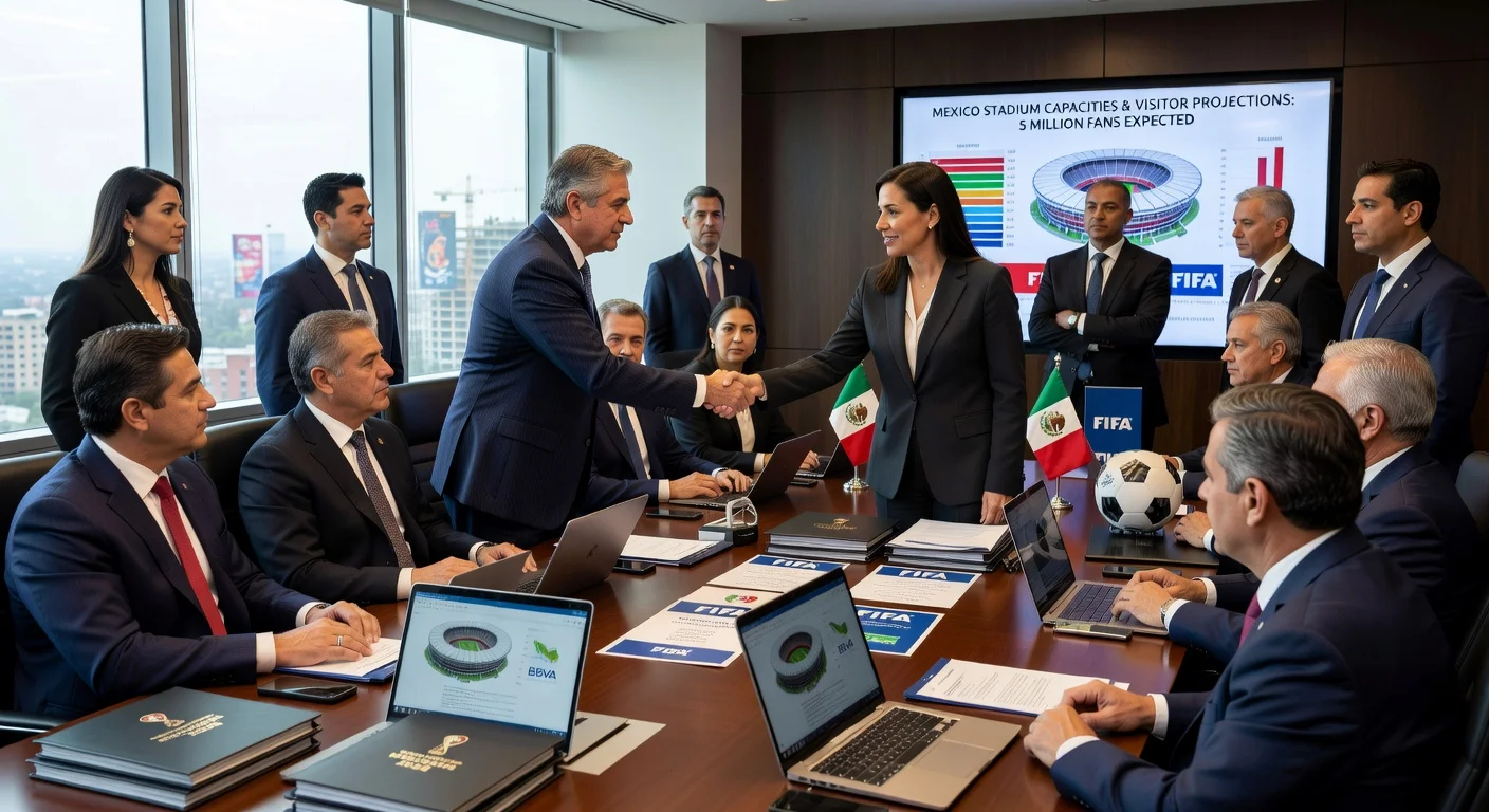 Mexican Security Minister Omar García Harfuch meets FIFA officials to review 2026 World Cup security and hotel plans in Mexico City conference room.