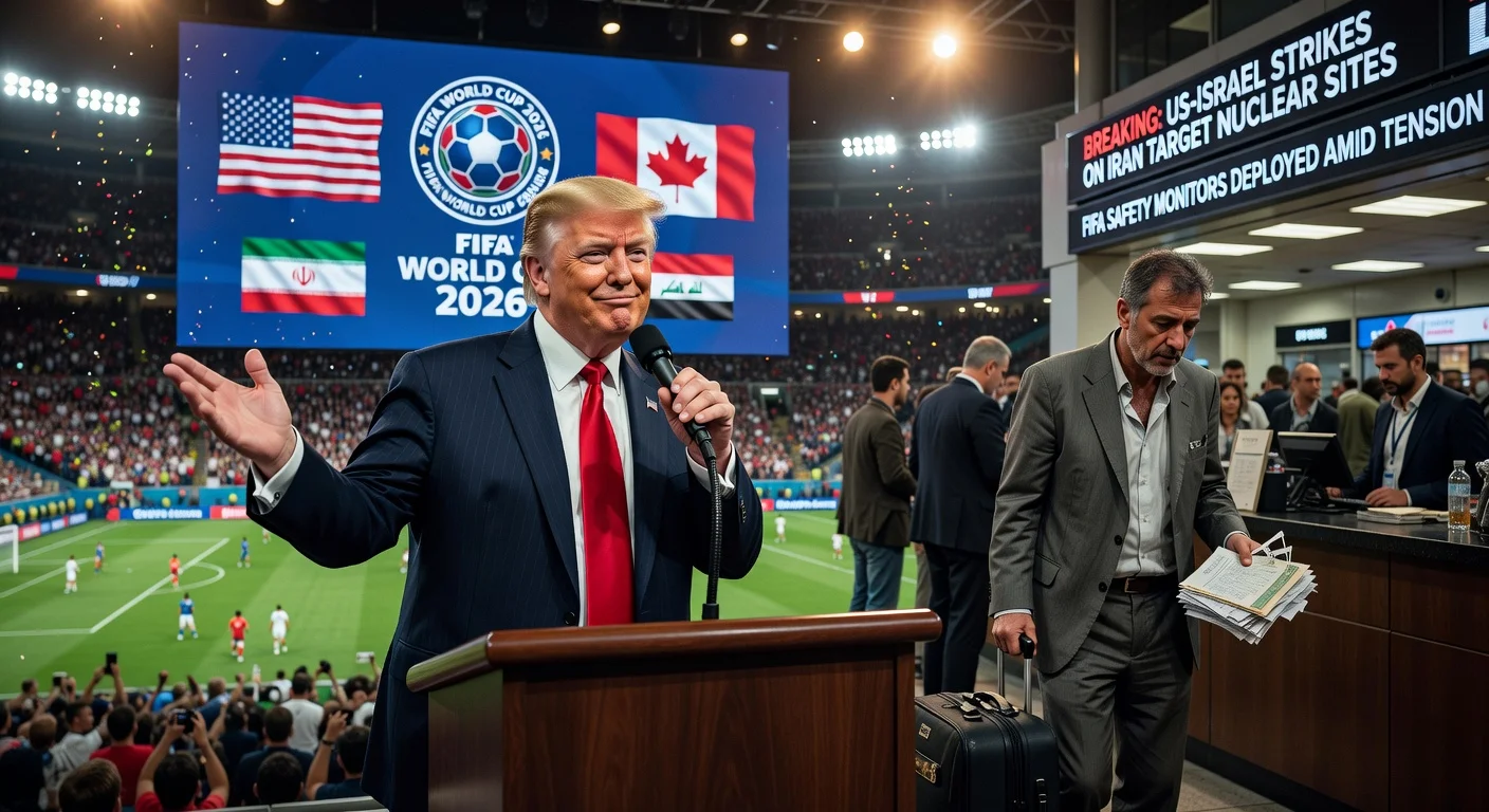 Illustration of Trump downplaying Iran World Cup concerns amid Iraq play-off disruptions from regional conflict.