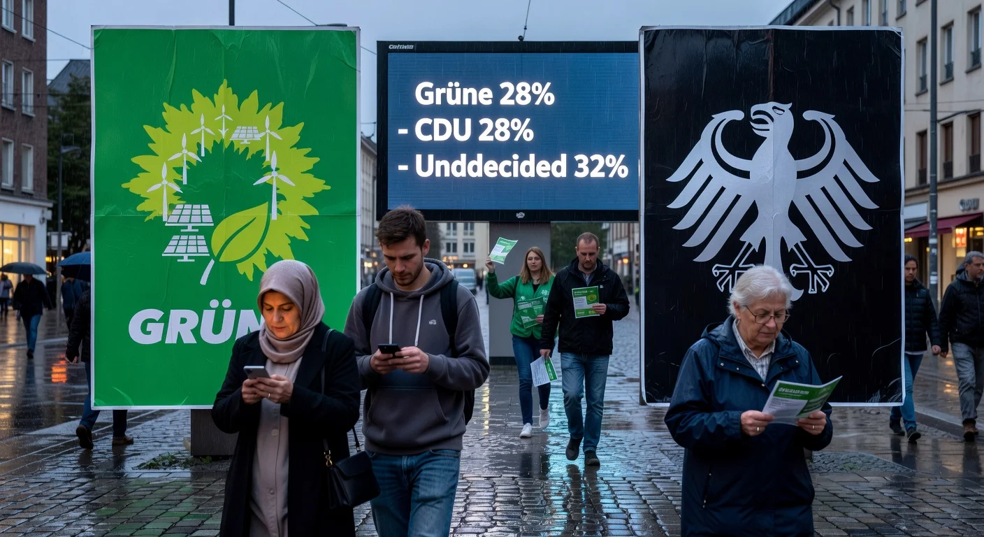 Realistic illustration of a tied Greens-CDU poll at 28% each with 32% undecided, ahead of Baden-Württemberg state election.