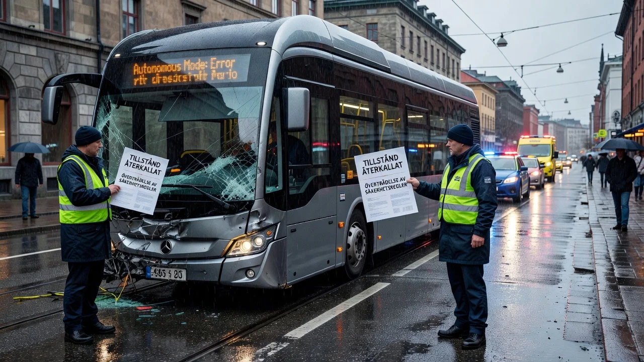 A damaged self-driving bus on a rainy street in Gothenburg with officials revoking its permit after a crash.