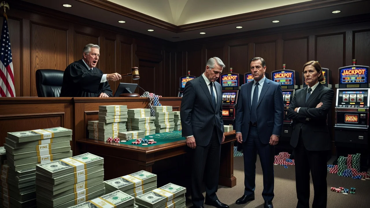 A courtroom illustration showing a judge fining three gambling firms for money laundering deficiencies.