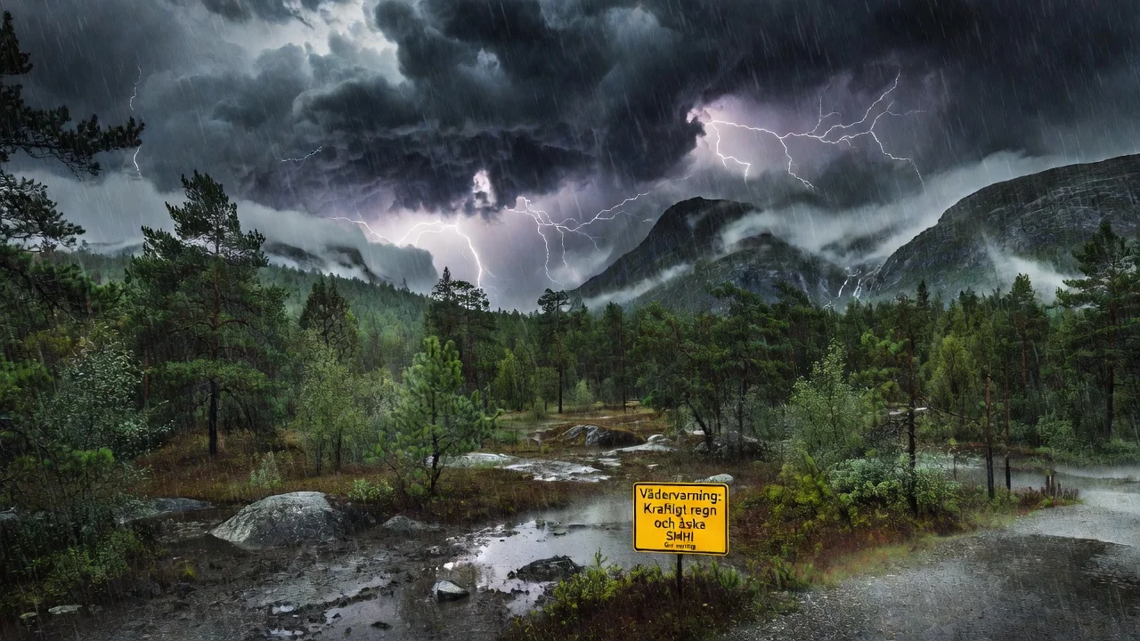 Illustration of heavy rain and thunderstorms in northern Sweden due to a yellow warning.