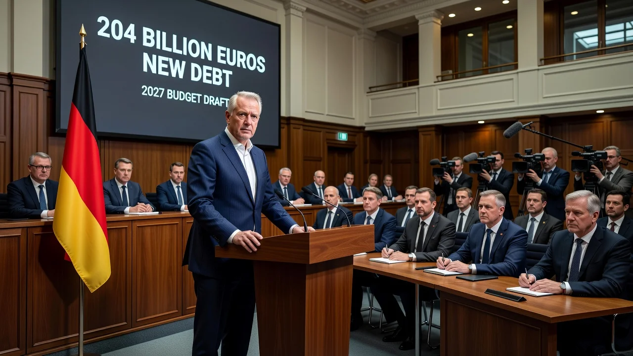 Lars Klingbeil presenting the 2027 budget with 204 billion euros in new debt.
