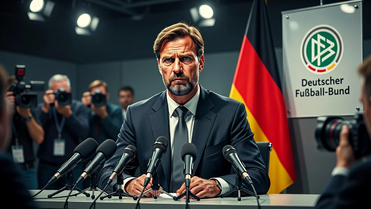 Jürgen Klopp speaking at a press conference about becoming Germany national team coach.