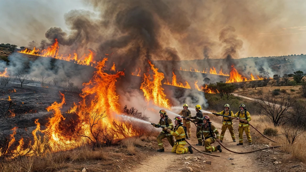 Wildfire in Aude, France with flames, smoke and firefighters responding.
