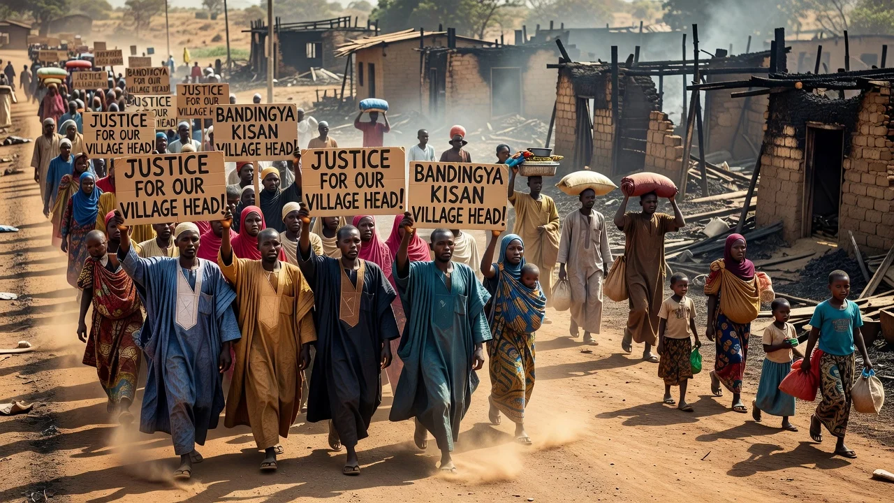 Residents of Bodinga protesting bandit attacks in Sokoto State, showing displacement and grief.