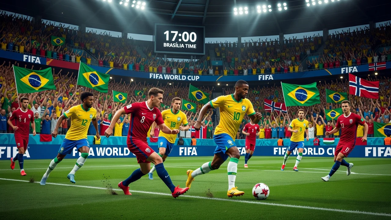 Vivid illustration of Brazil vs Norway FIFA World Cup match in a stadium with players, fans and a clock showing match time.
