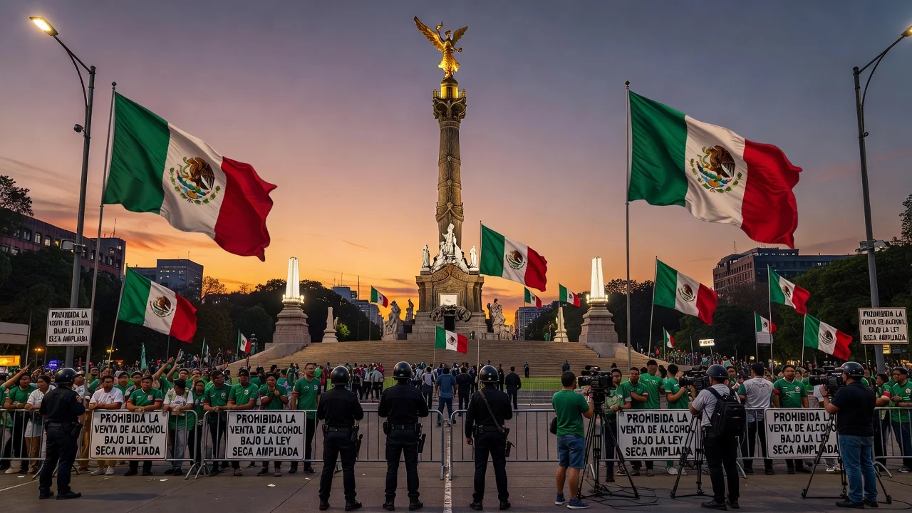 Crowds at Angel of Independence with security for soccer match under dry law restrictions.