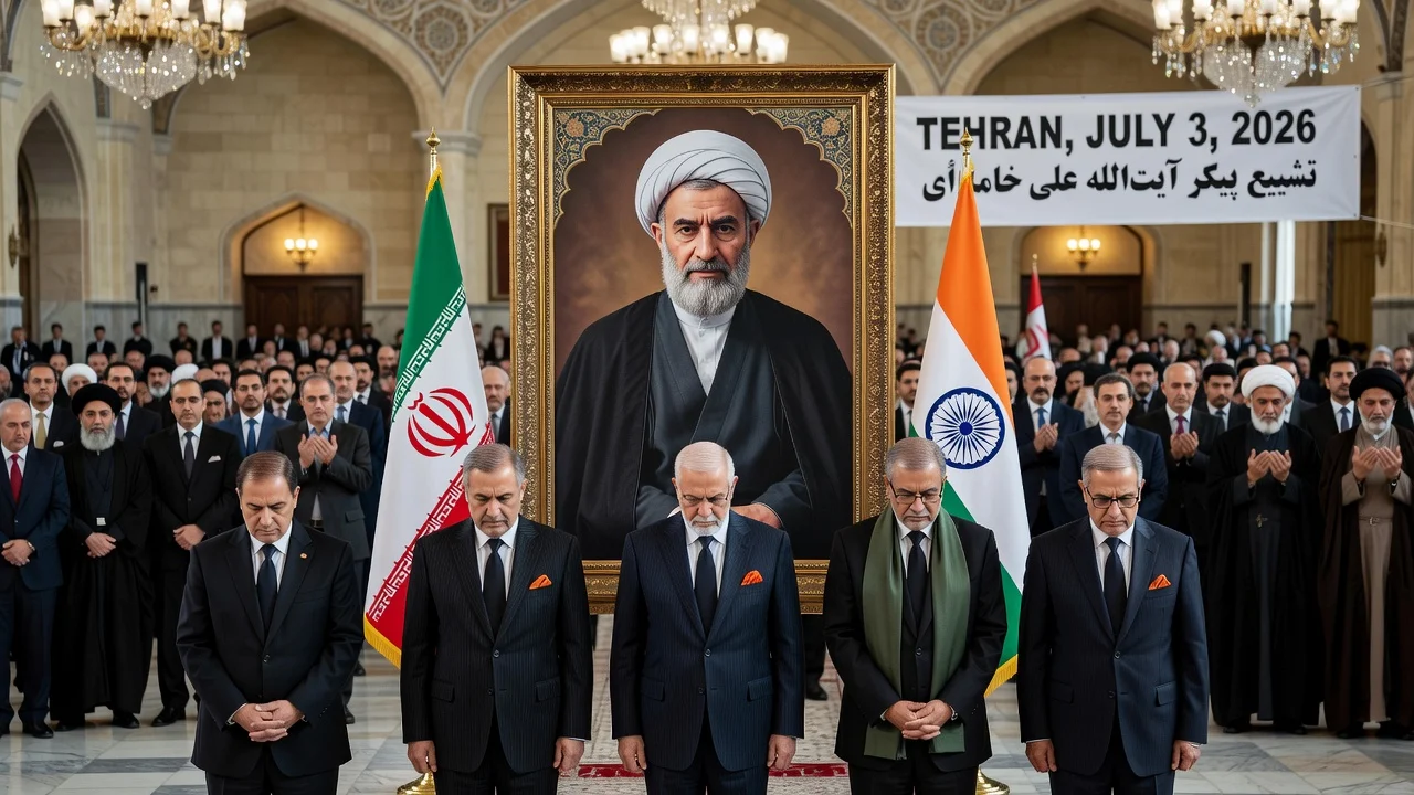 A high-level Indian delegation paying tribute at Ayatollah Ali Khamenei's funeral in Tehran.
