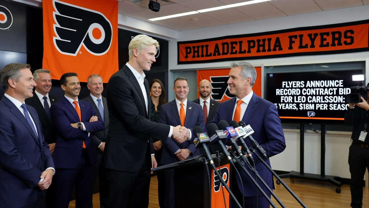 News illustration of Philadelphia Flyers record contract offer to Leo Carlsson