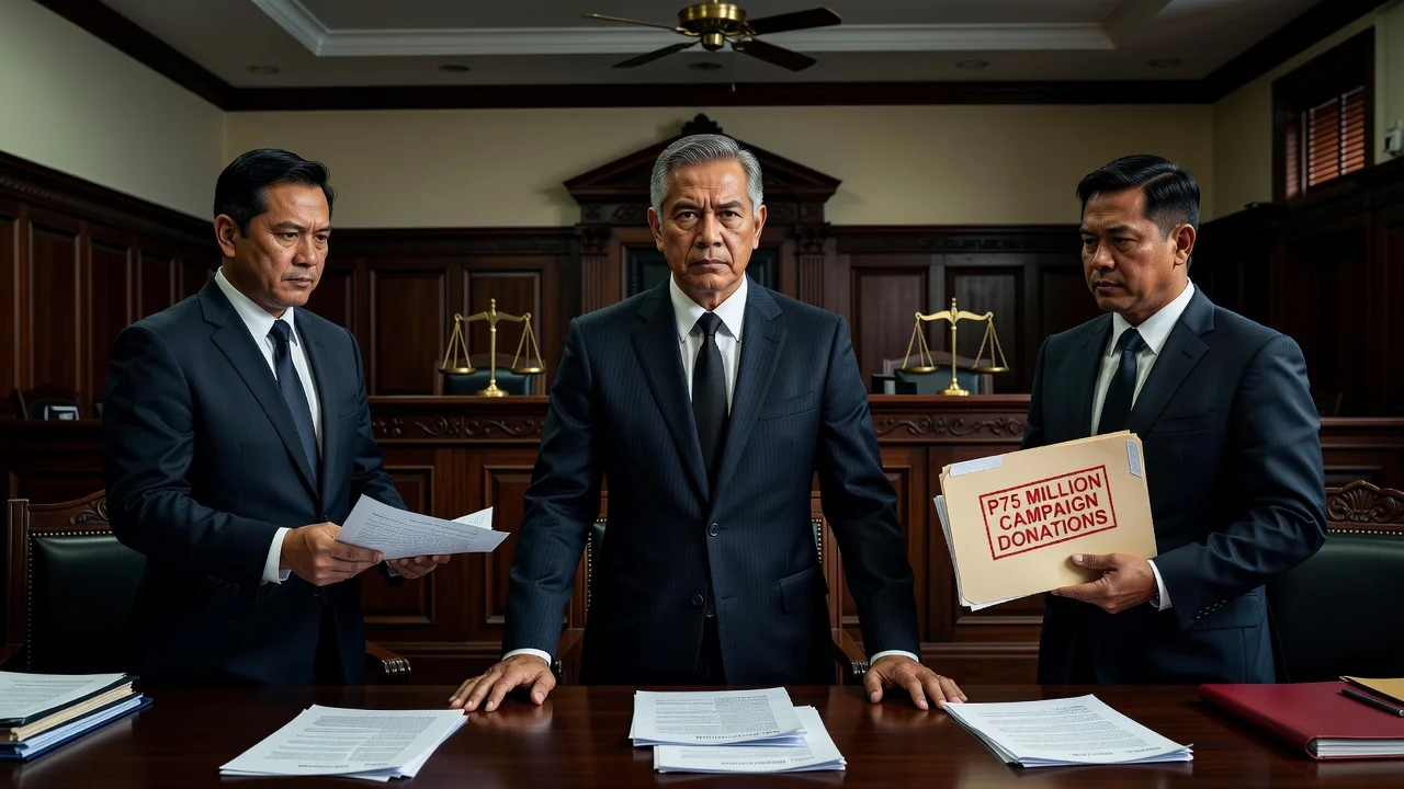 Illustration of Senator Rodante Marcoleta in a courtroom during a plunder case filing by the Ombudsman over campaign donations.