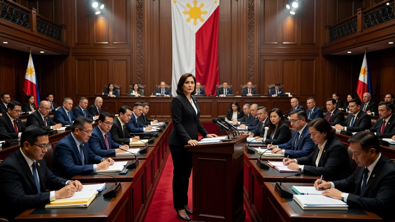 Illustration of Vice President Sara Duterte appearing before the Senate for her impeachment trial opening.