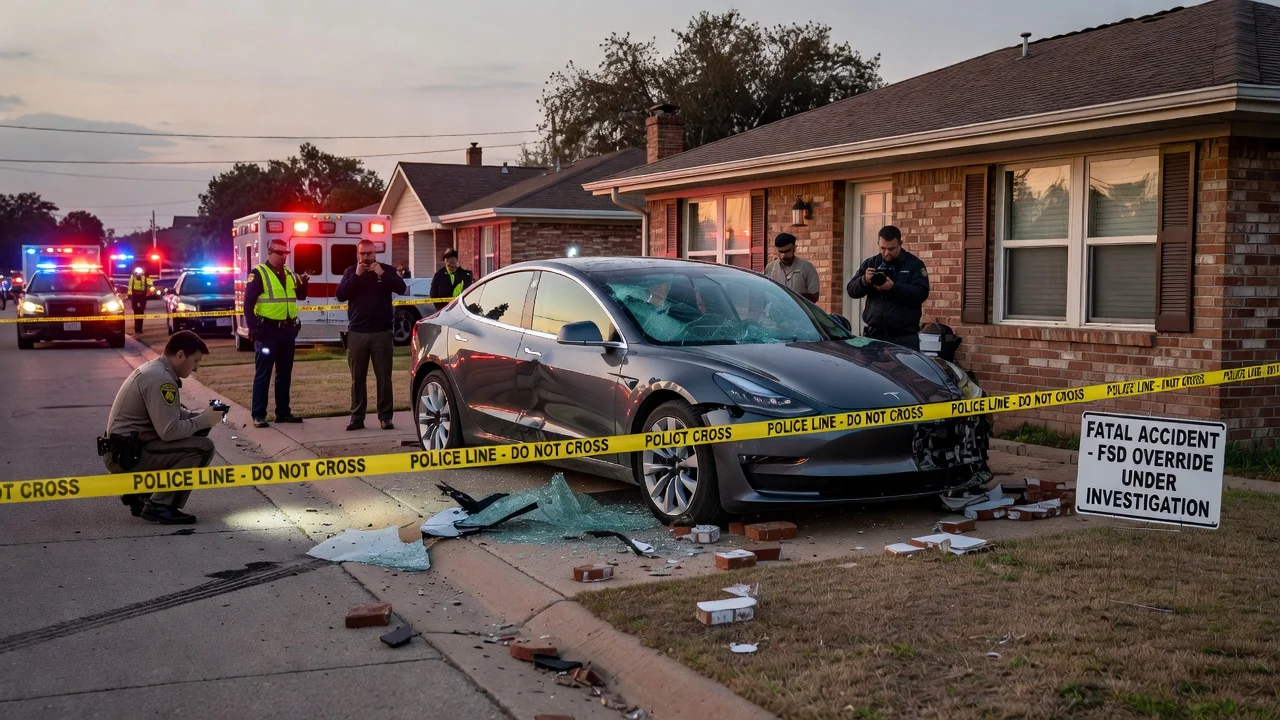 Photorealistic news illustration of a Tesla Model 3 crashed into a Texas home with emergency responders at the scene.
