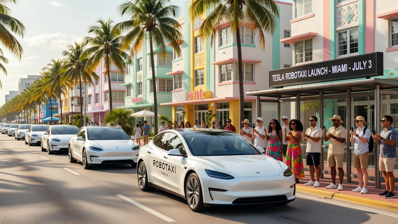 Tesla Robotaxi vehicles operating on sunny Miami streets